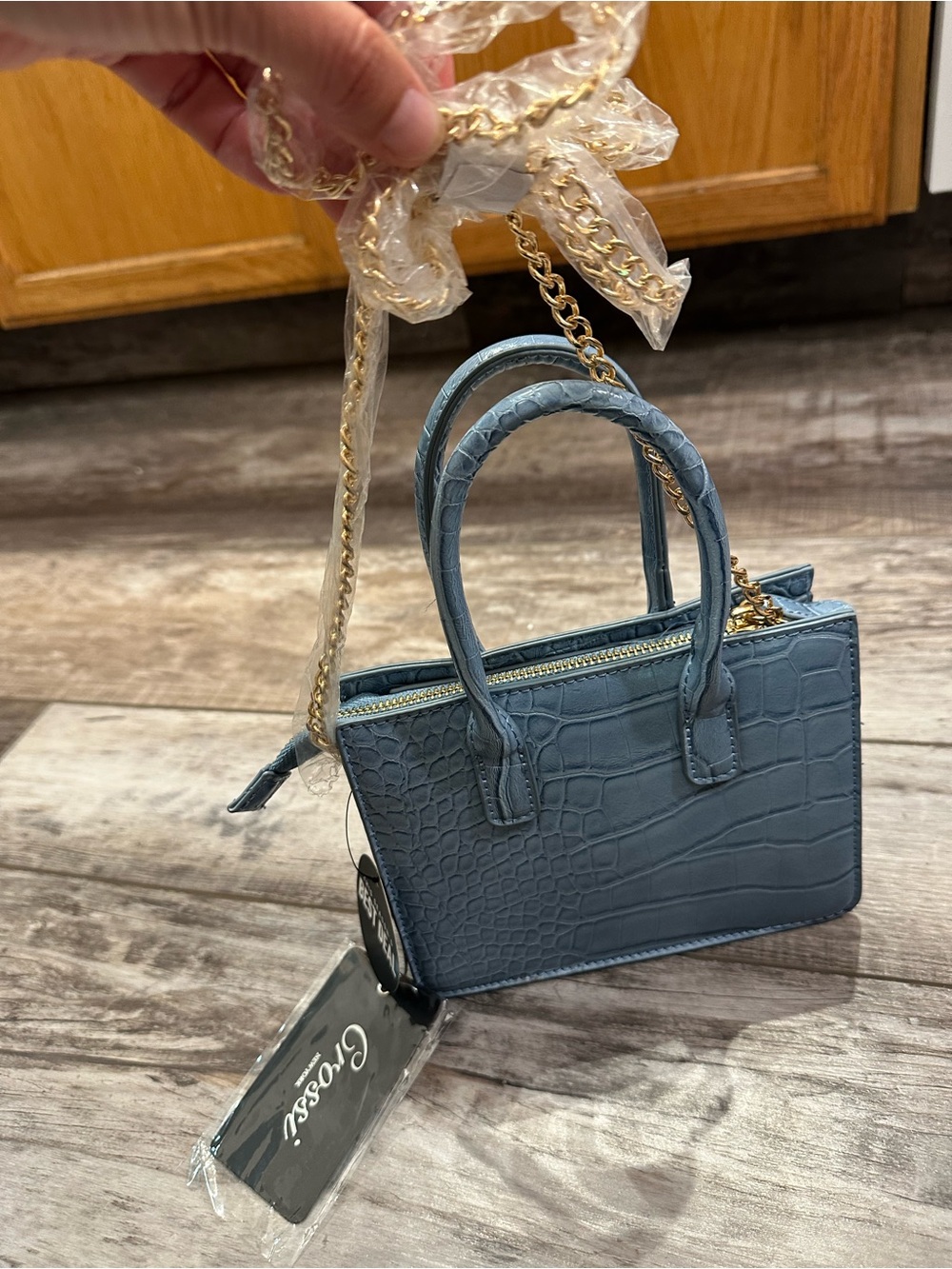 Croc-Embossed Mini Tote in Slate Blue with Gold Chain